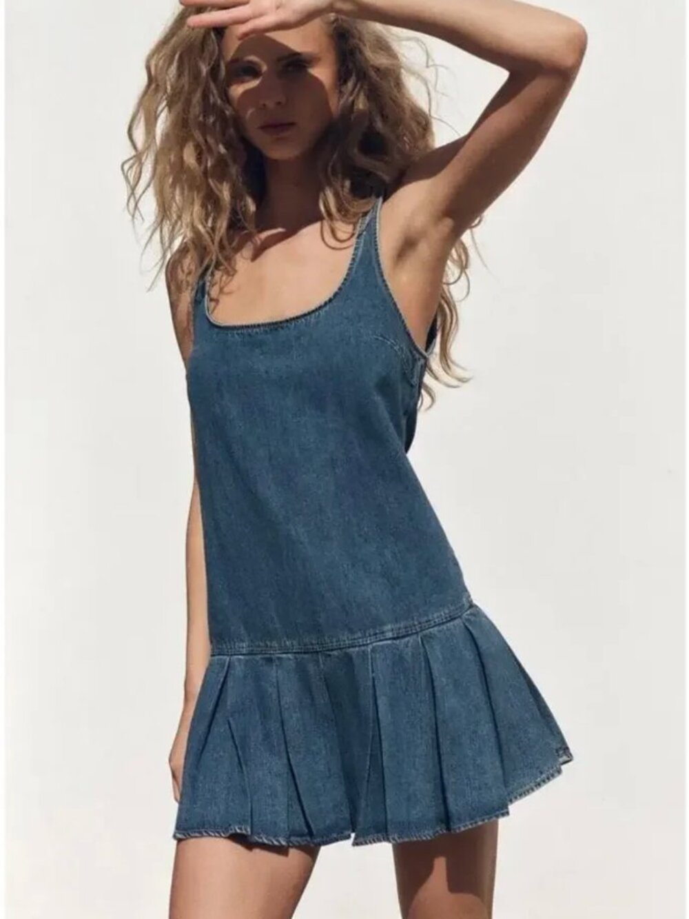 New With Tags small Wash Denim Pleated Dress Country Summer Preppy ZARA